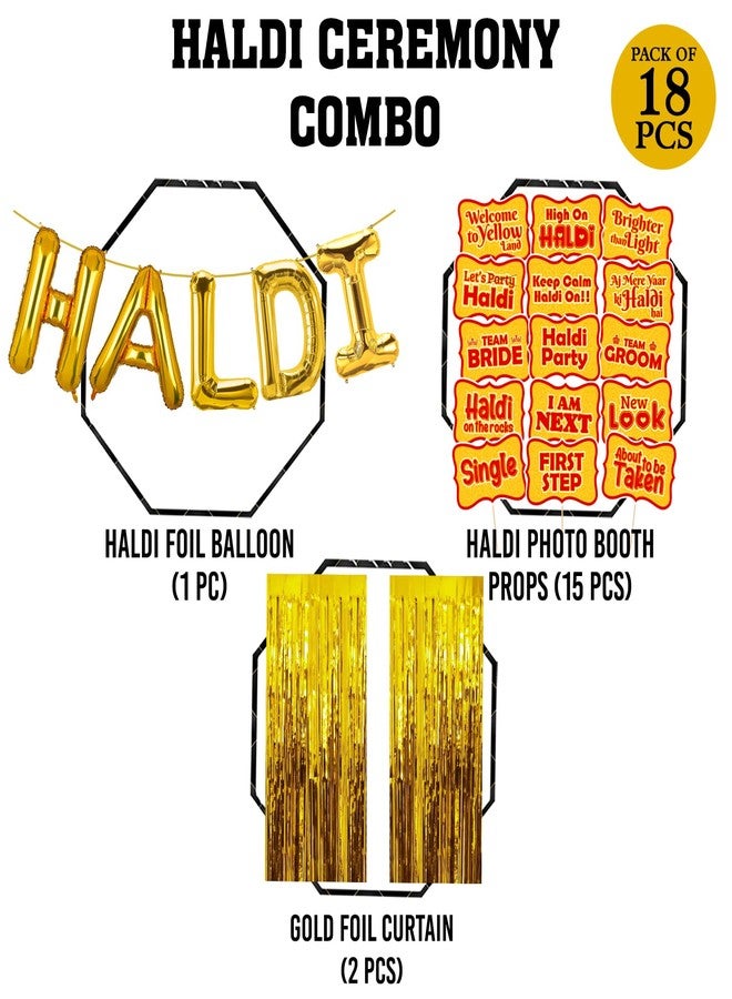Zyozique Haldi Ceremony Decoration,Haldi Ceremony Decoration Kit, 1 Set Haldi Foil Balloon 2 Golden Curtain and 15 Pcs Hald Photo Booth Props Combo Bachelorette Bridal Shower Party (Pack of18) - Image 2